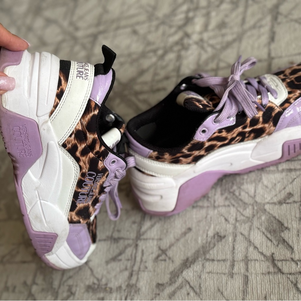 Versace Leopard Print Sneakers with Purple Accents